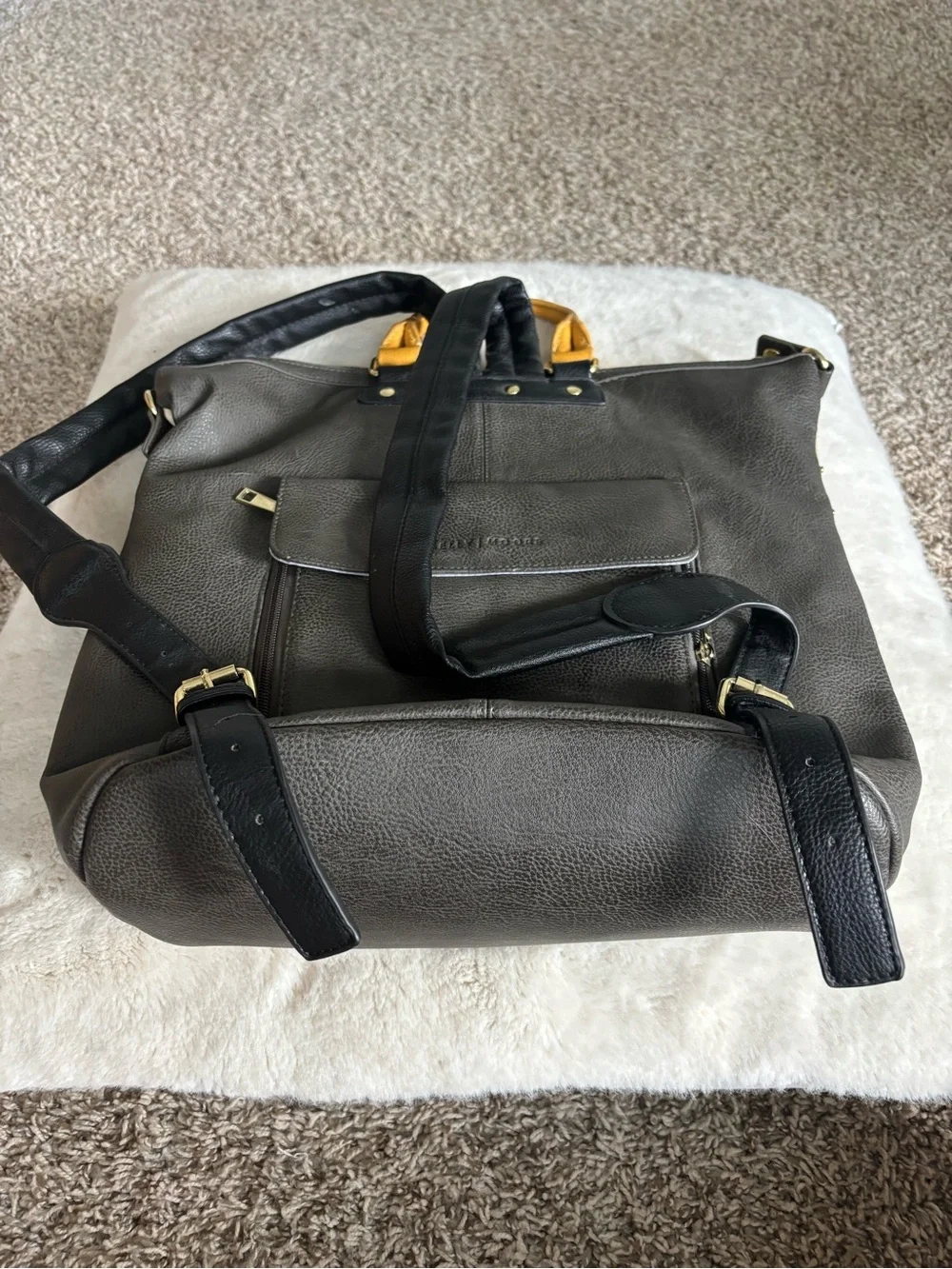 KELLY MORE Two-Tone Cream and Black   camera Backpack with Yellow Accents